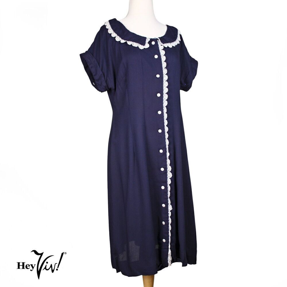 Vintage Lane Bryant Dress Navy Blue w White Lace Trim Size L B36 W34 - Hey Viv